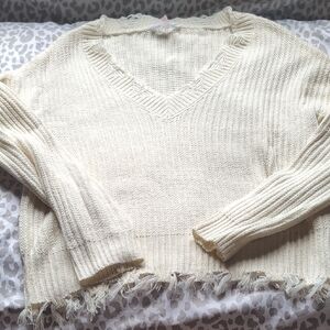 No Boundaries Cream V-Neck Sweater with Frayed Hem